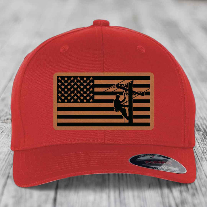 American Flag Lineman - Leather Patch Hat - Rawhide to Black Patch - Flexfit 6277 Fitted Hat