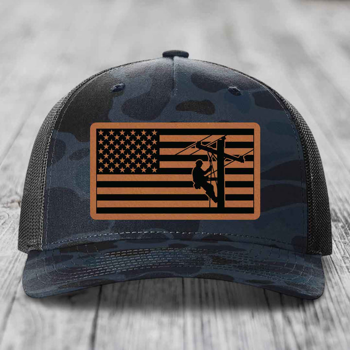 American Flag Lineman - Leather Patch Hat - Rawhide to Black Patch - Richardson 112PFP Snapback Trucker Hat
