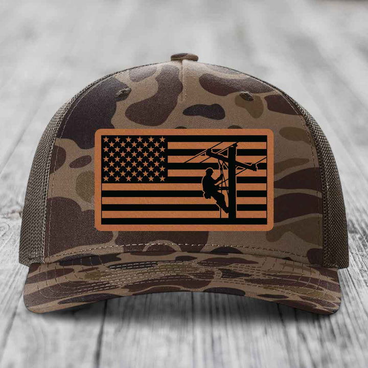 American Flag Lineman - Leather Patch Hat - Rawhide to Black Patch - Richardson 112PFP Snapback Trucker Hat