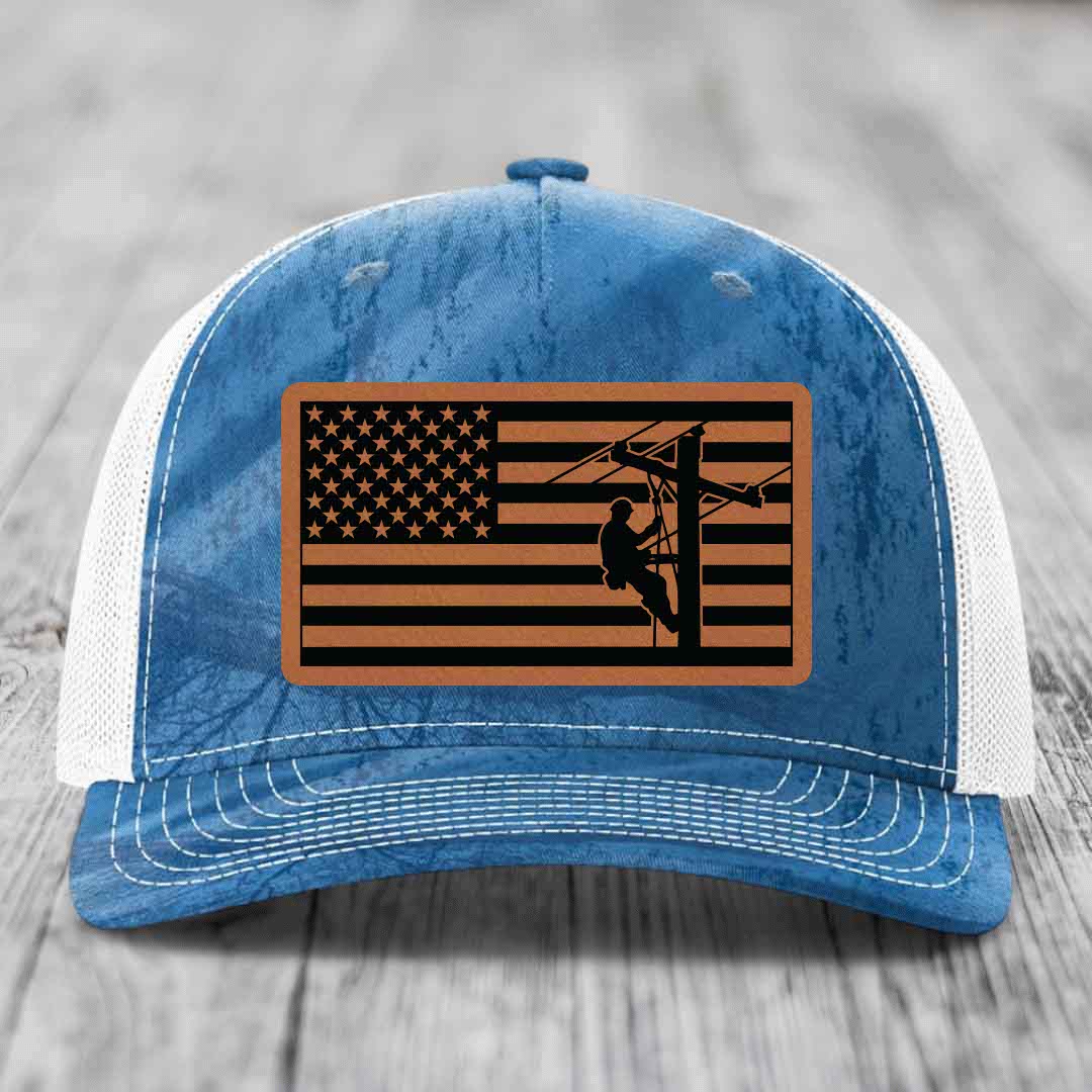 American Flag Lineman - Leather Patch Hat - Rawhide to Black Patch - Richardson 112PFP Snapback Trucker Hat