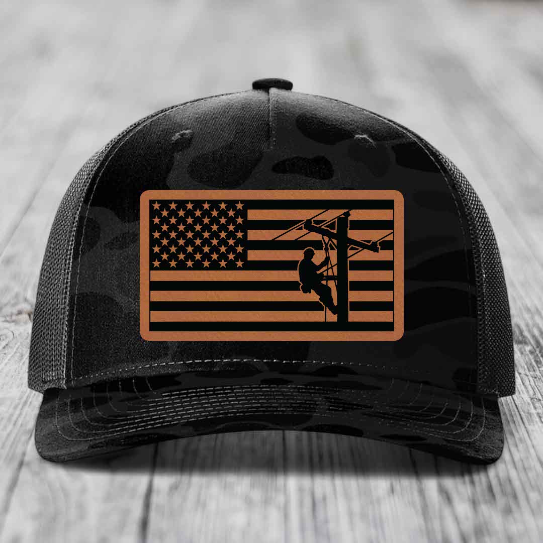 American Flag Lineman - Leather Patch Hat - Rawhide to Black Patch - Richardson 112PFP Snapback Trucker Hat