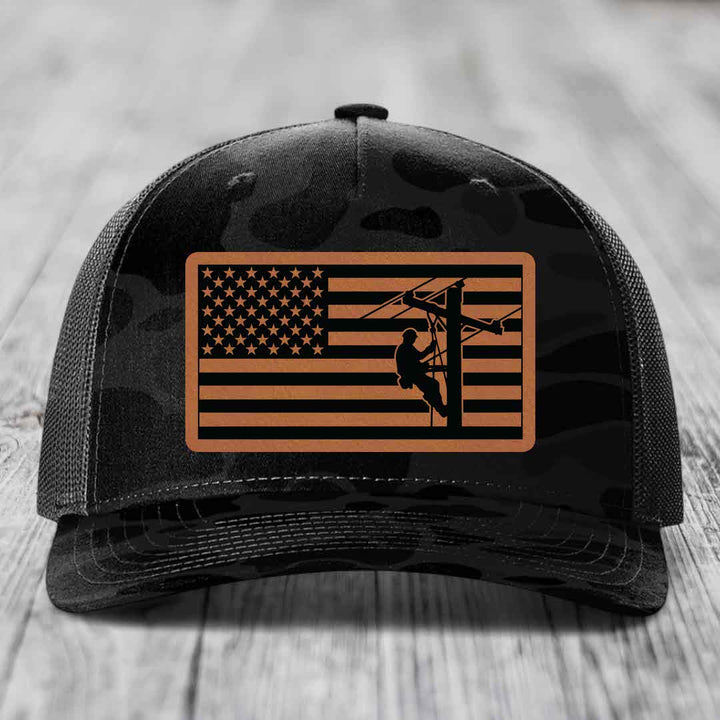American Flag Lineman - Leather Patch Hat - Rawhide to Black Patch - Richardson 112PFP Snapback Trucker Hat