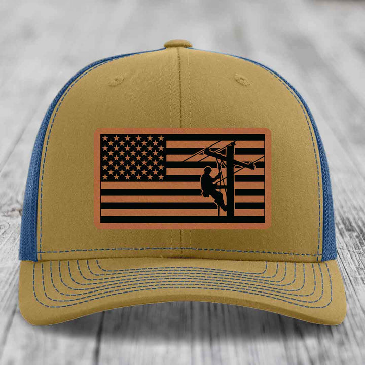 American Flag Lineman - Leather Patch Hat - Rawhide to Black Patch - Richardson 112 Snapback Trucker Hat