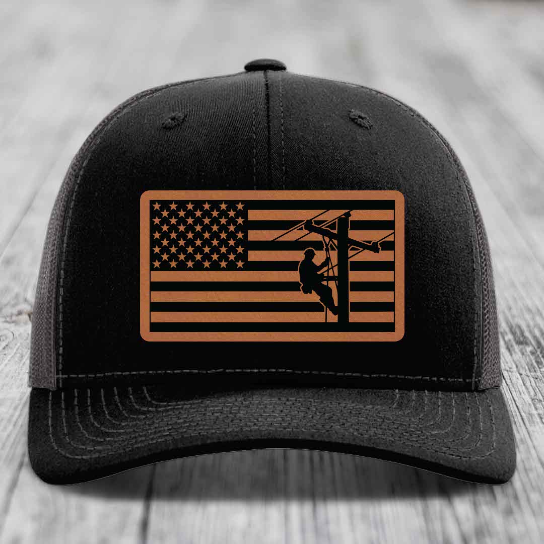 American Flag Lineman - Leather Patch Hat - Rawhide to Black Patch - Richardson 112 Snapback Trucker Hat