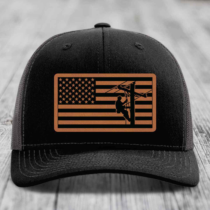 American Flag Lineman - Leather Patch Hat - Rawhide to Black Patch - Richardson 112 Snapback Trucker Hat