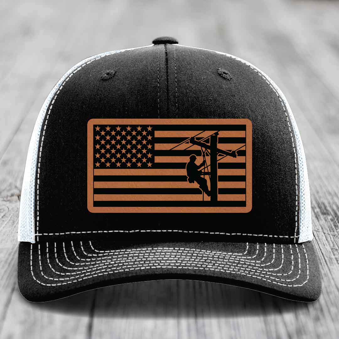 American Flag Lineman - Leather Patch Hat - Rawhide to Black Patch - Richardson 112 Snapback Trucker Hat