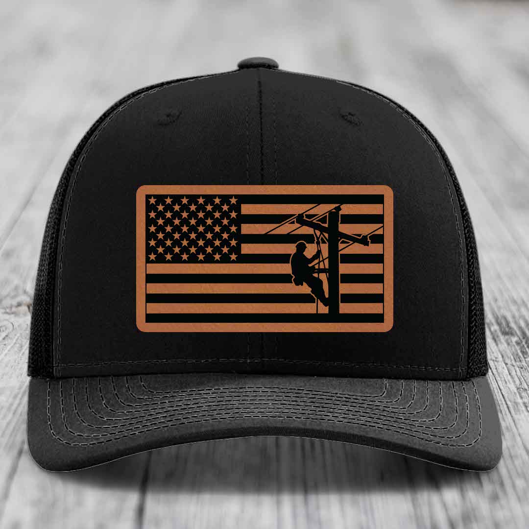American Flag Lineman - Leather Patch Hat - Rawhide to Black Patch - Richardson 112 Snapback Trucker Hat