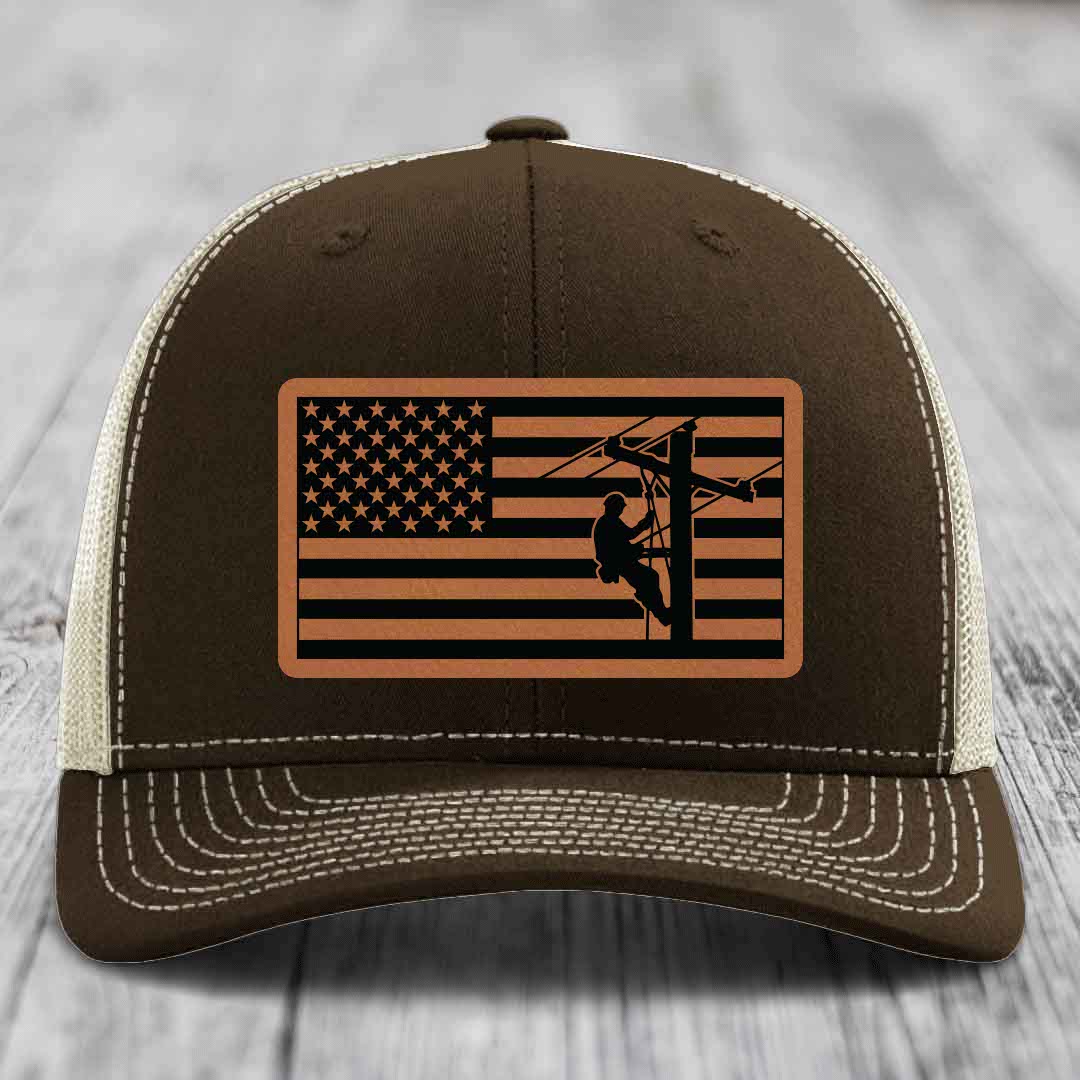 American Flag Lineman - Leather Patch Hat - Rawhide to Black Patch - Richardson 112 Snapback Trucker Hat