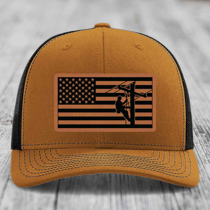 American Flag Lineman - Leather Patch Hat - Rawhide to Black Patch - Richardson 112 Snapback Trucker Hat