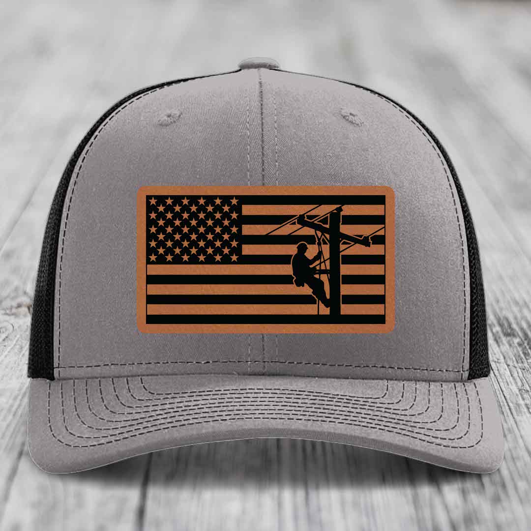 American Flag Lineman - Leather Patch Hat - Rawhide to Black Patch - Richardson 112 Snapback Trucker Hat