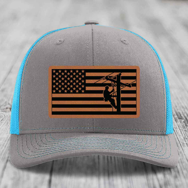 American Flag Lineman - Leather Patch Hat - Rawhide to Black Patch - Richardson 112 Snapback Trucker Hat