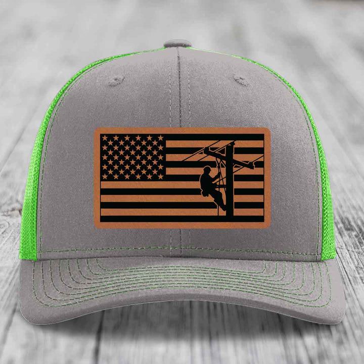 American Flag Lineman - Leather Patch Hat - Rawhide to Black Patch - Richardson 112 Snapback Trucker Hat