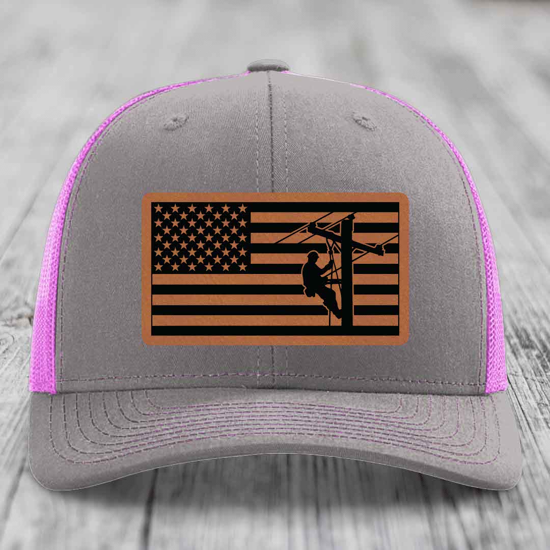 American Flag Lineman - Leather Patch Hat - Rawhide to Black Patch - Richardson 112 Snapback Trucker Hat