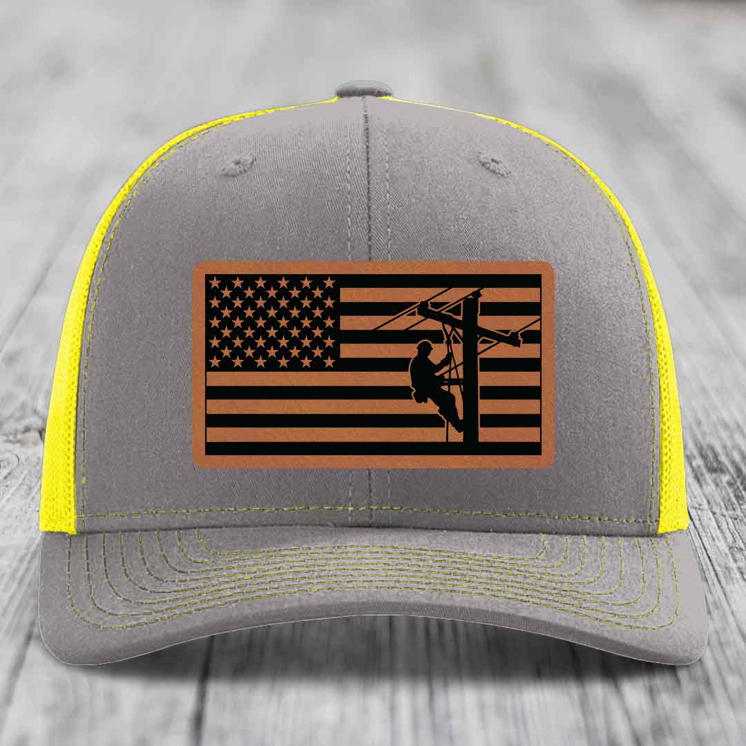 American Flag Lineman - Leather Patch Hat - Rawhide to Black Patch - Richardson 112 Snapback Trucker Hat