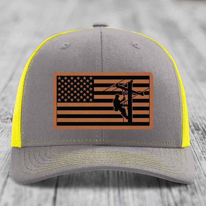 American Flag Lineman - Leather Patch Hat - Rawhide to Black Patch - Richardson 112 Snapback Trucker Hat