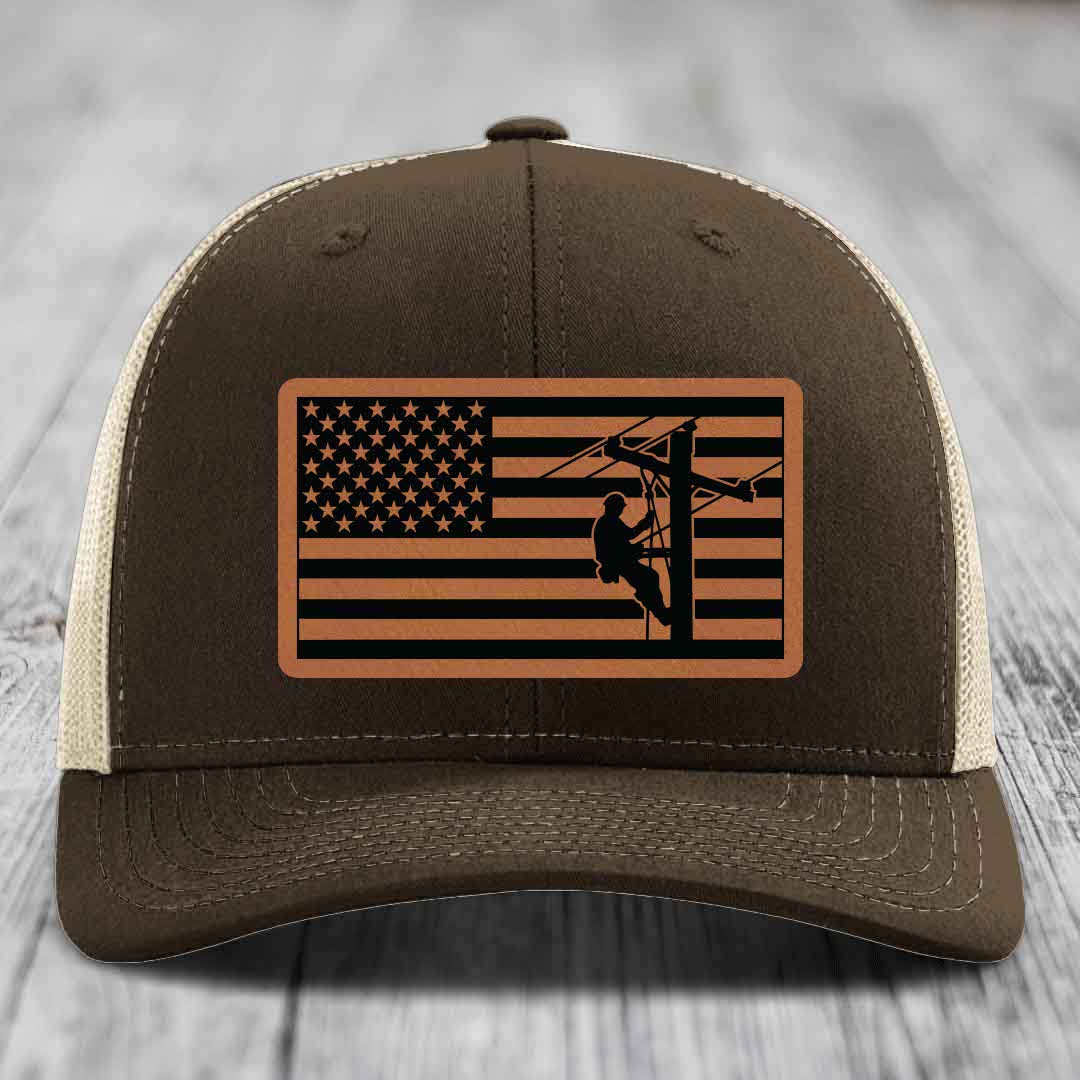 American Flag Lineman - Leather Patch Hat - Rawhide to Black Patch - Richardson 112 Snapback Trucker Hat