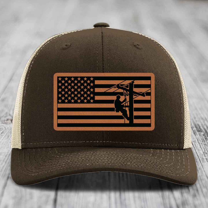 American Flag Lineman - Leather Patch Hat - Rawhide to Black Patch - Richardson 112 Snapback Trucker Hat