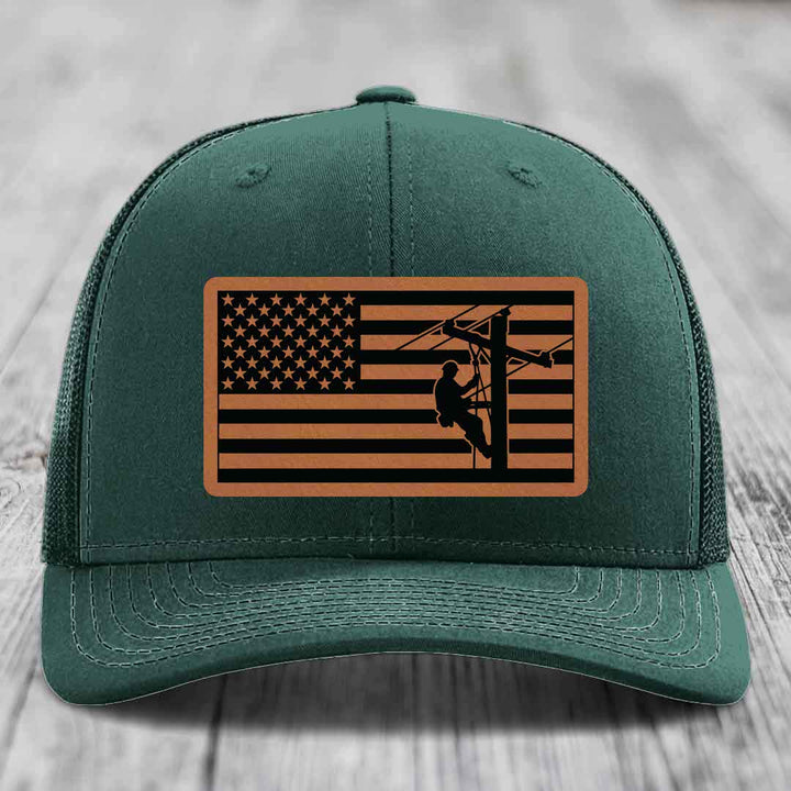 American Flag Lineman - Leather Patch Hat - Rawhide to Black Patch - Richardson 112 Snapback Trucker Hat