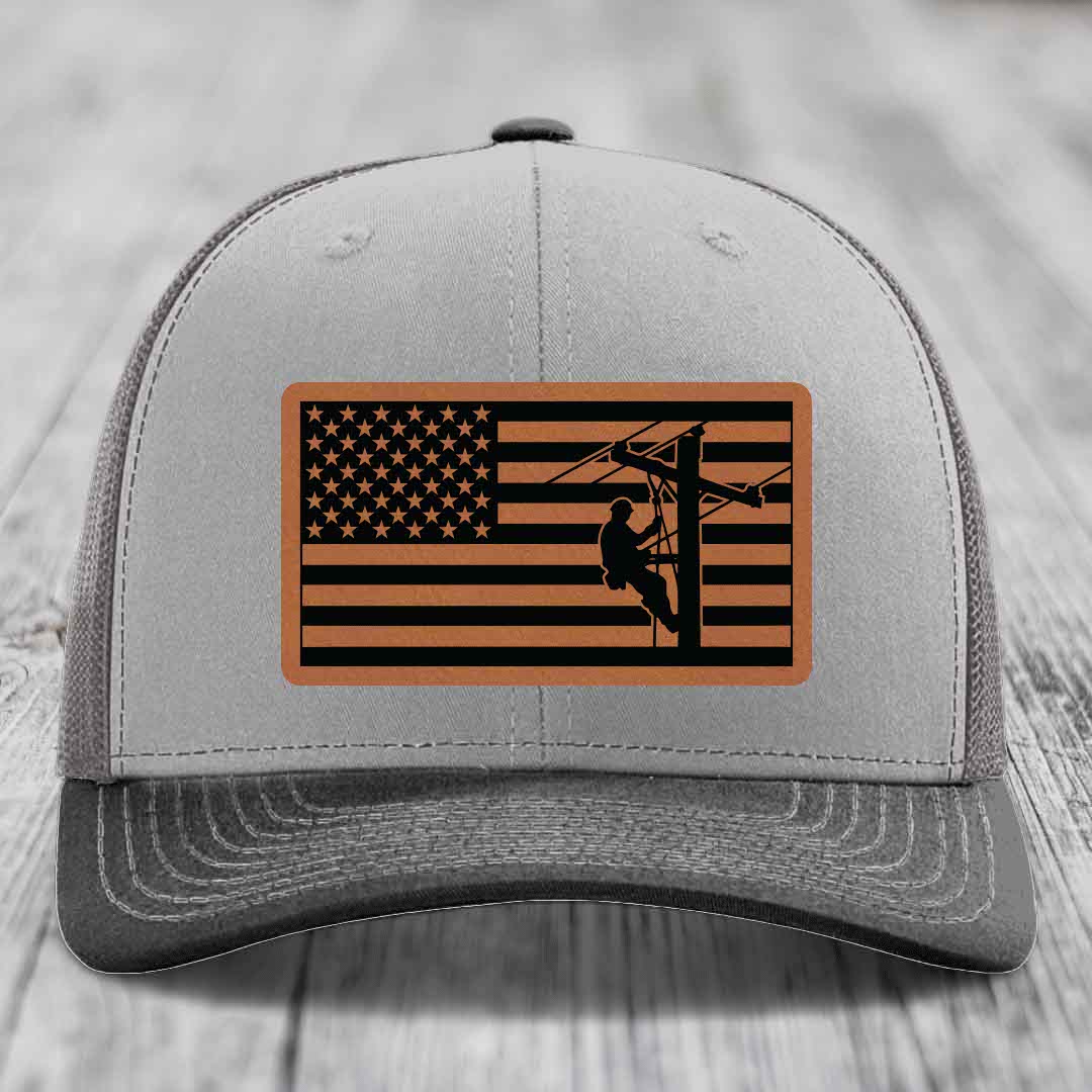 American Flag Lineman - Leather Patch Hat - Rawhide to Black Patch - Richardson 112 Snapback Trucker Hat