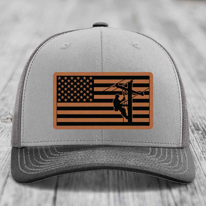 American Flag Lineman - Leather Patch Hat - Rawhide to Black Patch - Richardson 112 Snapback Trucker Hat