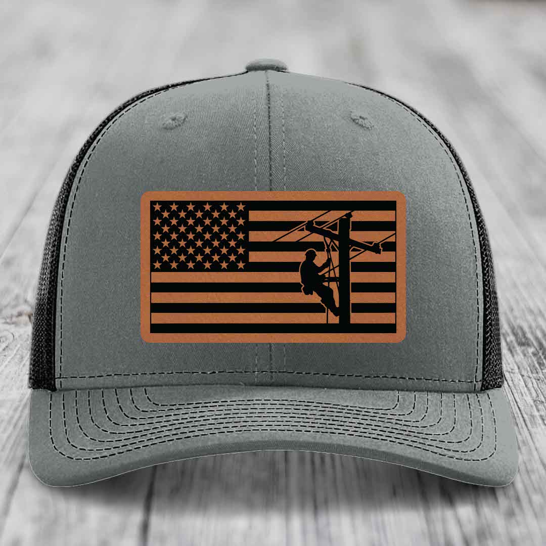 American Flag Lineman - Leather Patch Hat - Rawhide to Black Patch - Richardson 112 Snapback Trucker Hat