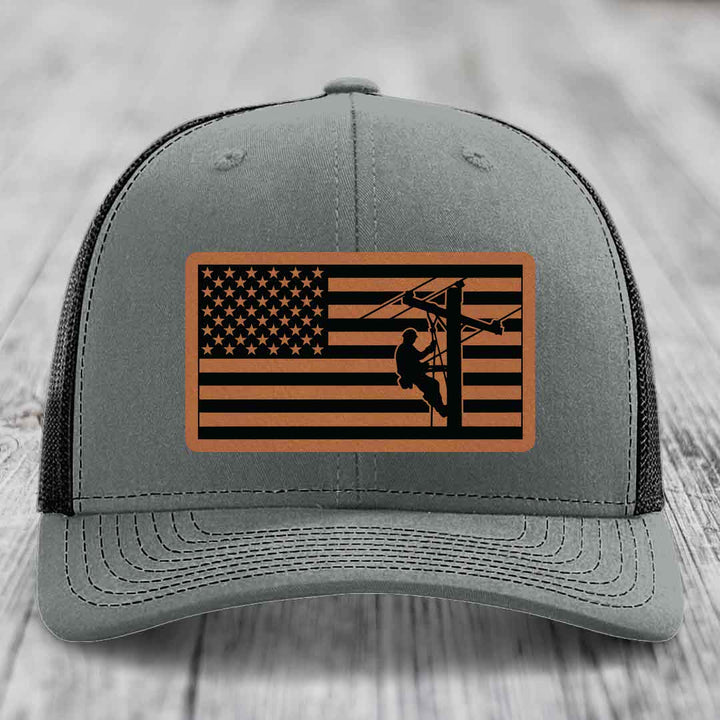 American Flag Lineman - Leather Patch Hat - Rawhide to Black Patch - Richardson 112 Snapback Trucker Hat