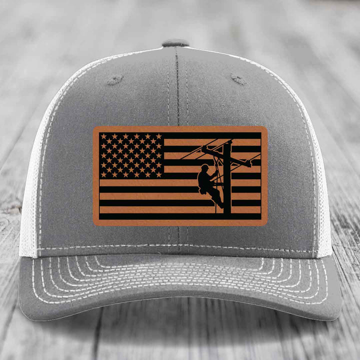 American Flag Lineman - Leather Patch Hat - Rawhide to Black Patch - Richardson 112 Snapback Trucker Hat