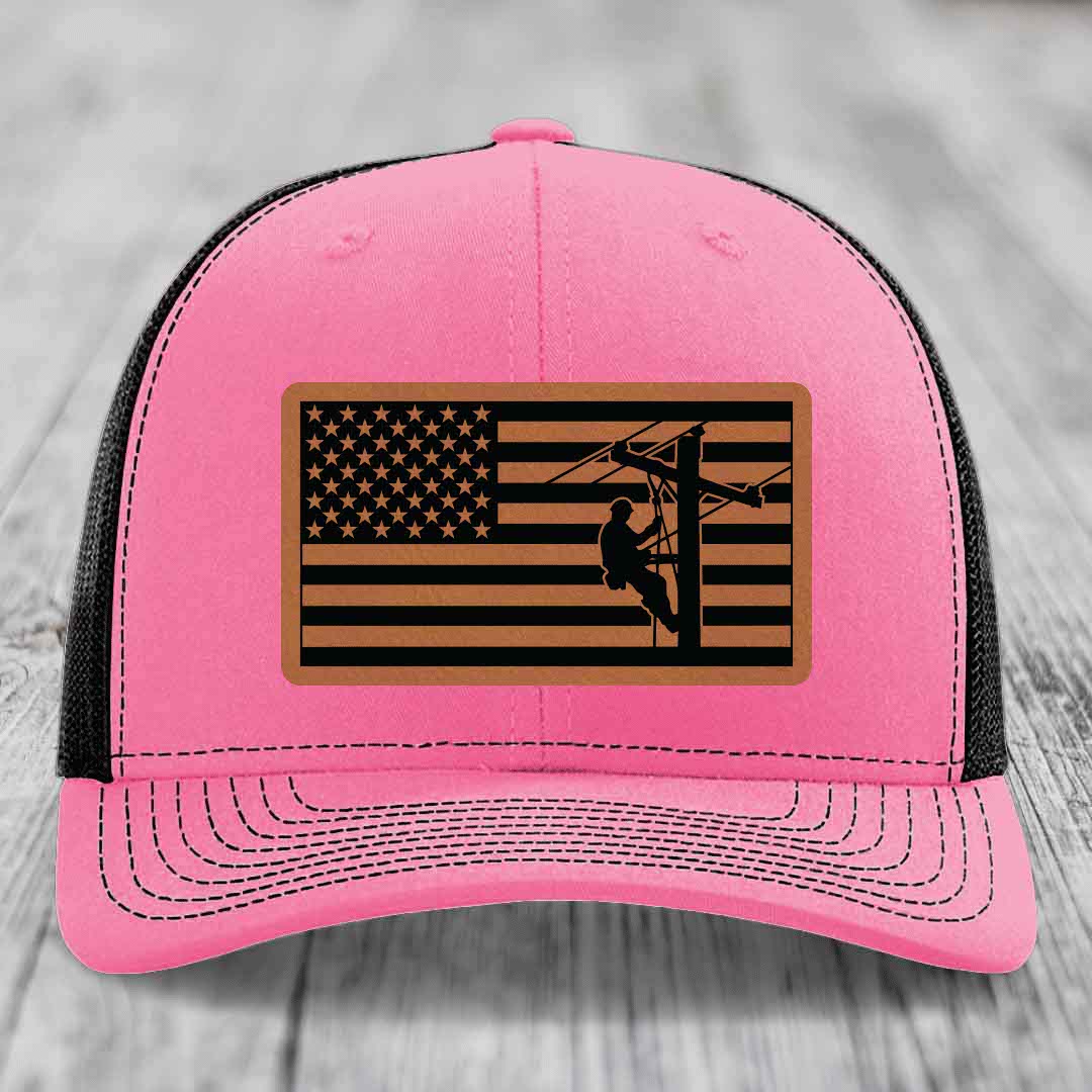 American Flag Lineman - Leather Patch Hat - Rawhide to Black Patch - Richardson 112 Snapback Trucker Hat