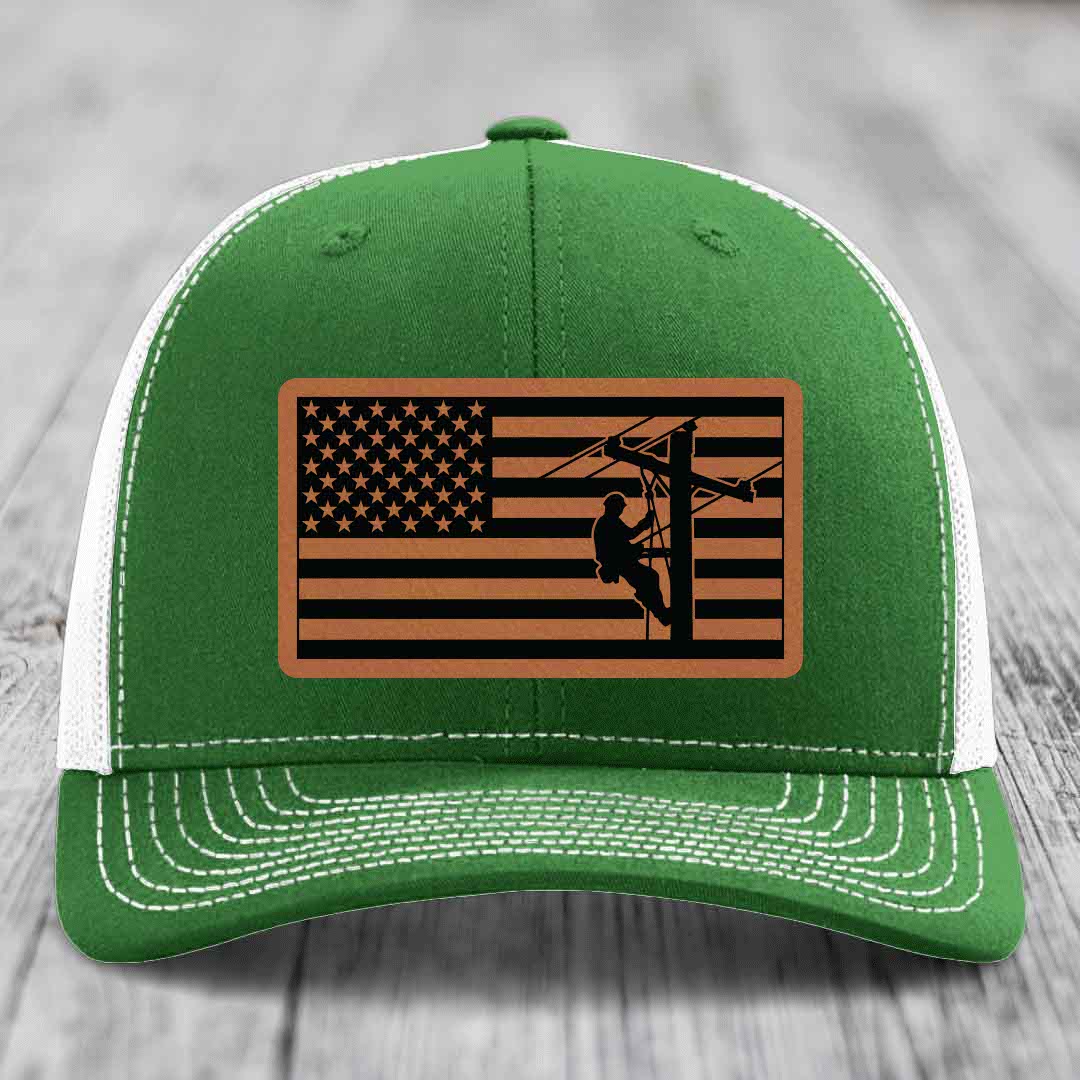 American Flag Lineman - Leather Patch Hat - Rawhide to Black Patch - Richardson 112 Snapback Trucker Hat