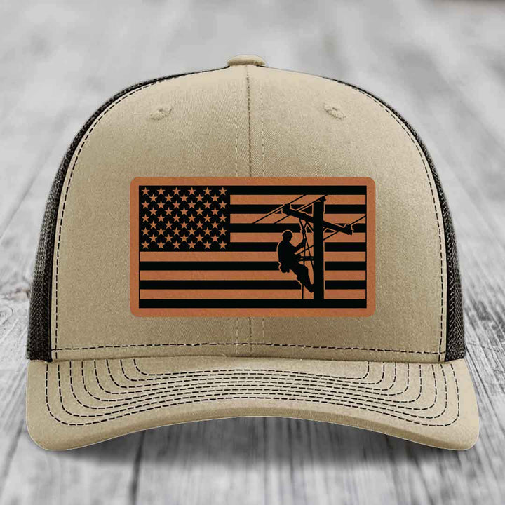American Flag Lineman - Leather Patch Hat - Rawhide to Black Patch - Richardson 112 Snapback Trucker Hat