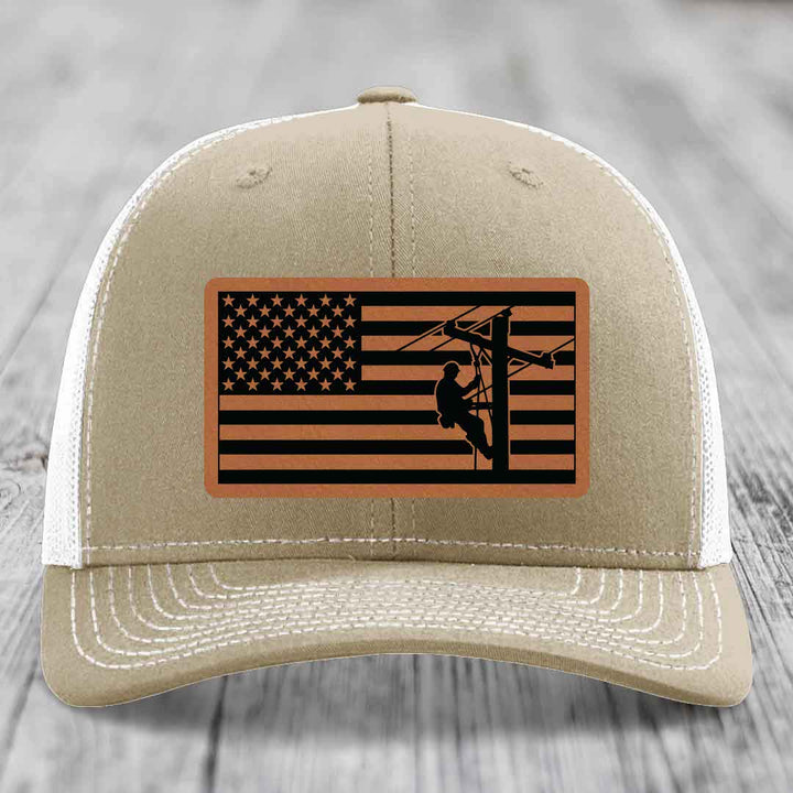 American Flag Lineman - Leather Patch Hat - Rawhide to Black Patch - Richardson 112 Snapback Trucker Hat