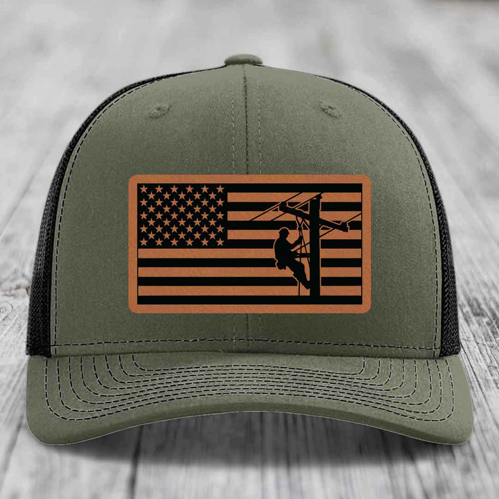 American Flag Lineman - Leather Patch Hat - Rawhide to Black Patch - Richardson 112 Snapback Trucker Hat