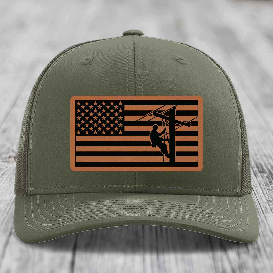 American Flag Lineman - Leather Patch Hat - Rawhide to Black Patch - Richardson 112 Snapback Trucker Hat