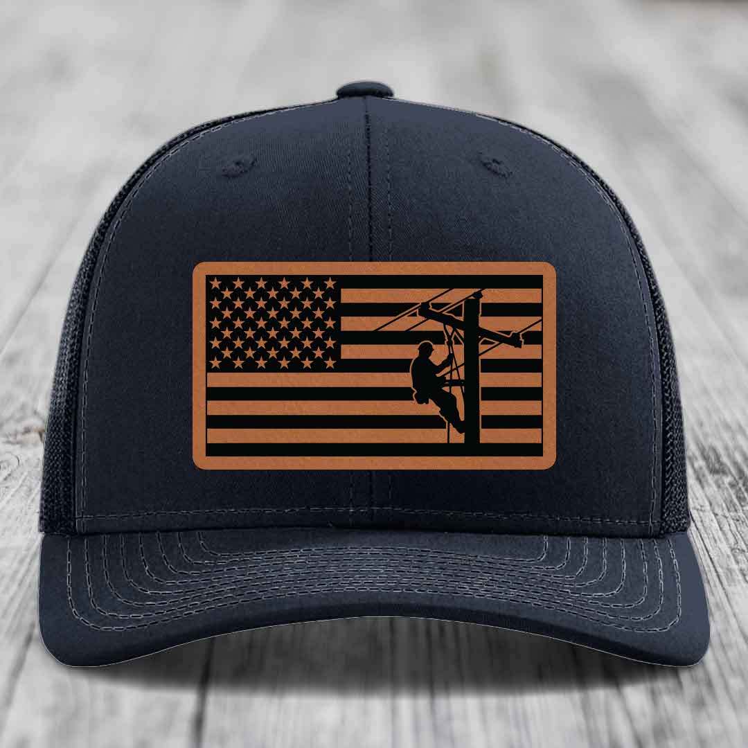 American Flag Lineman - Leather Patch Hat - Rawhide to Black Patch - Richardson 112 Snapback Trucker Hat