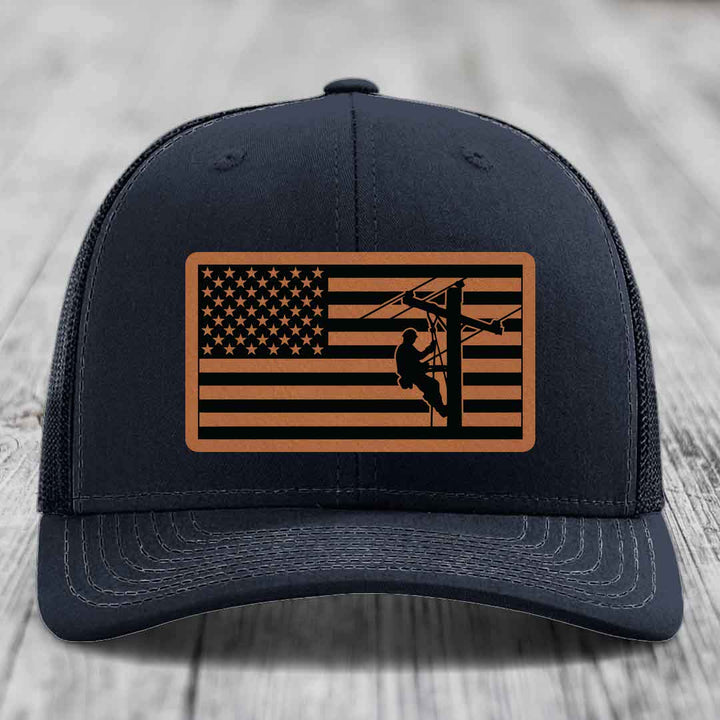 American Flag Lineman - Leather Patch Hat - Rawhide to Black Patch - Richardson 112 Snapback Trucker Hat