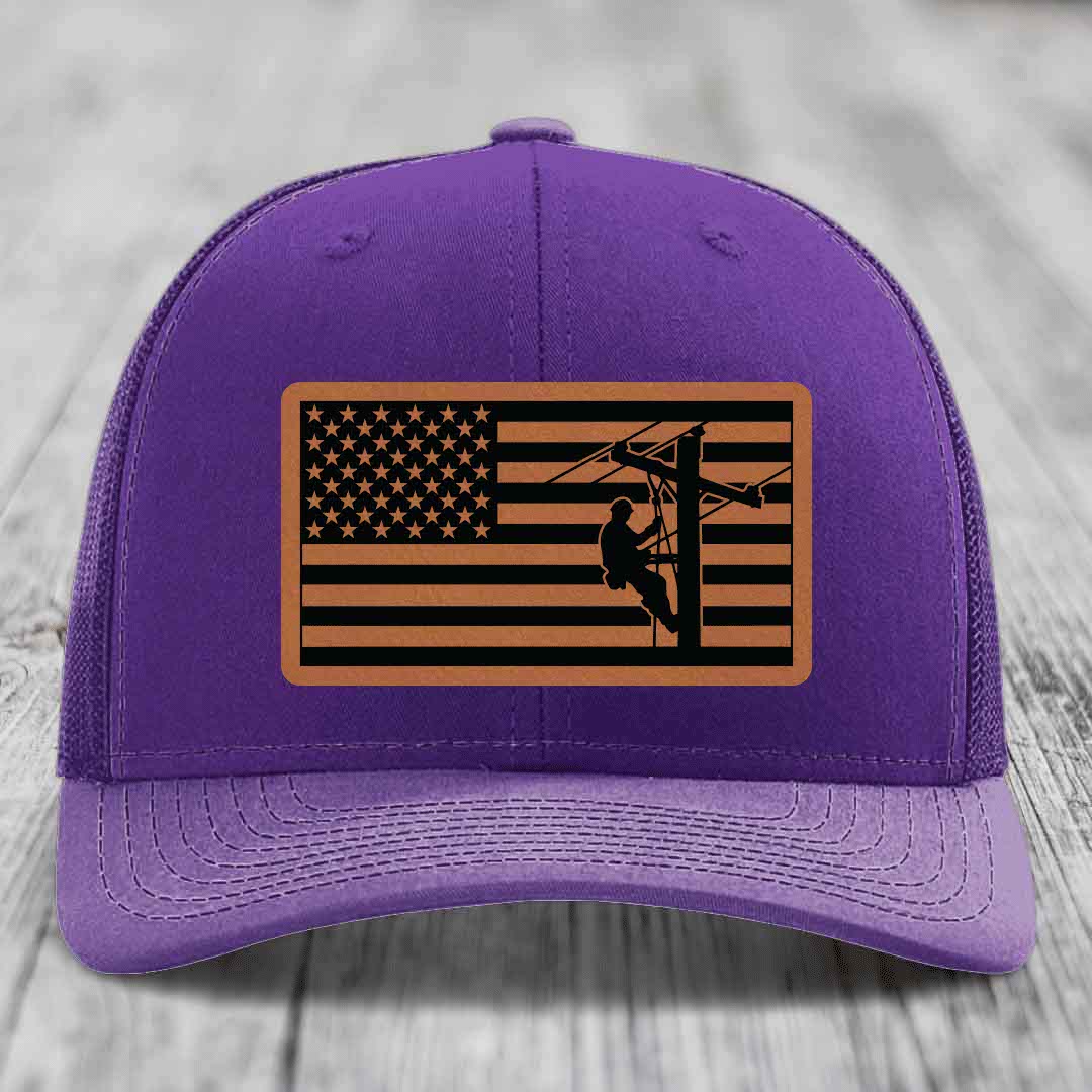 American Flag Lineman - Leather Patch Hat - Rawhide to Black Patch - Richardson 112 Snapback Trucker Hat