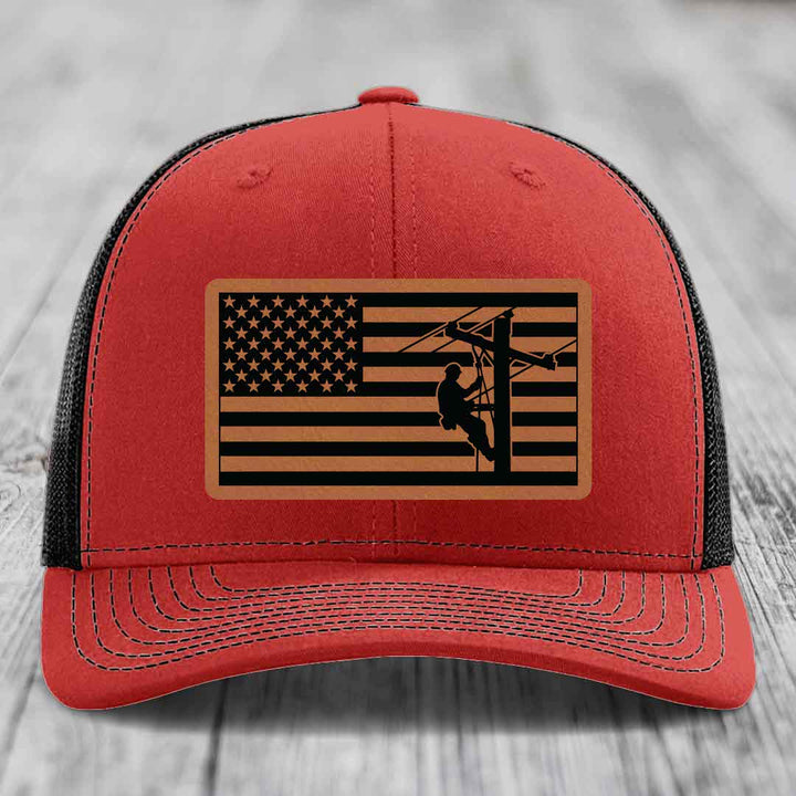 American Flag Lineman - Leather Patch Hat - Rawhide to Black Patch - Richardson 112 Snapback Trucker Hat