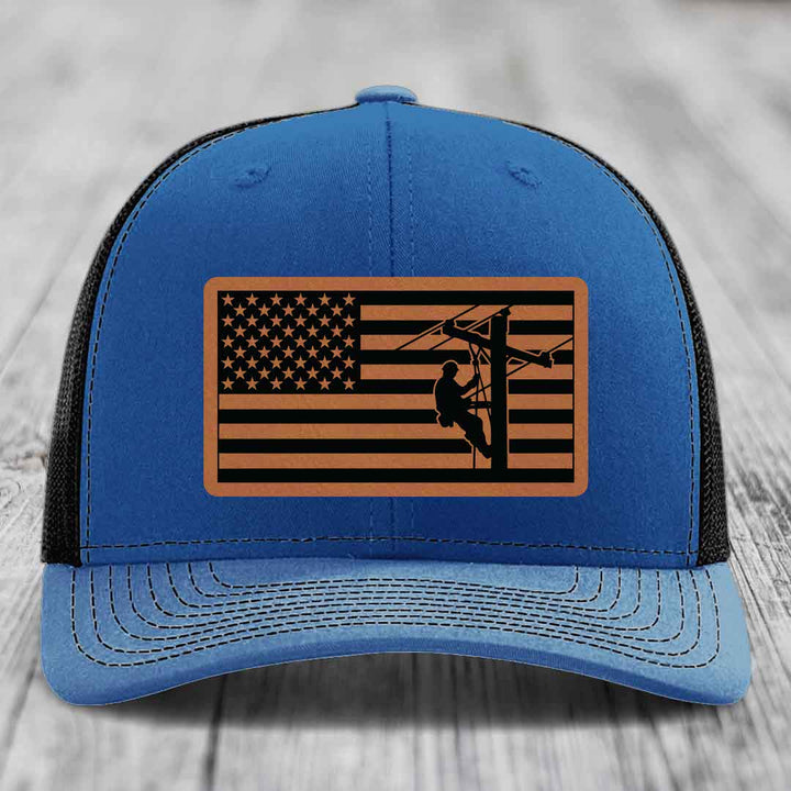 American Flag Lineman - Leather Patch Hat - Rawhide to Black Patch - Richardson 112 Snapback Trucker Hat