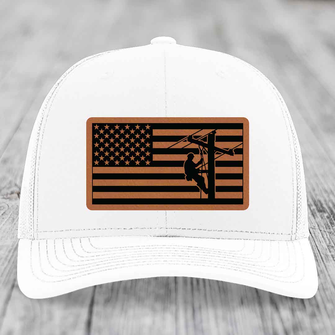 American Flag Lineman - Leather Patch Hat - Rawhide to Black Patch - Richardson 112 Snapback Trucker Hat