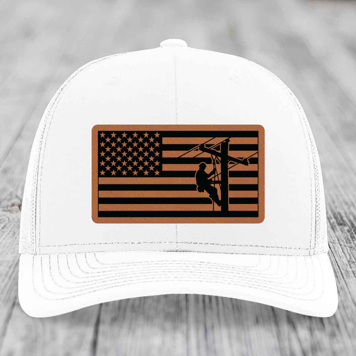American Flag Lineman - Leather Patch Hat - Rawhide to Black Patch - Richardson 112 Snapback Trucker Hat