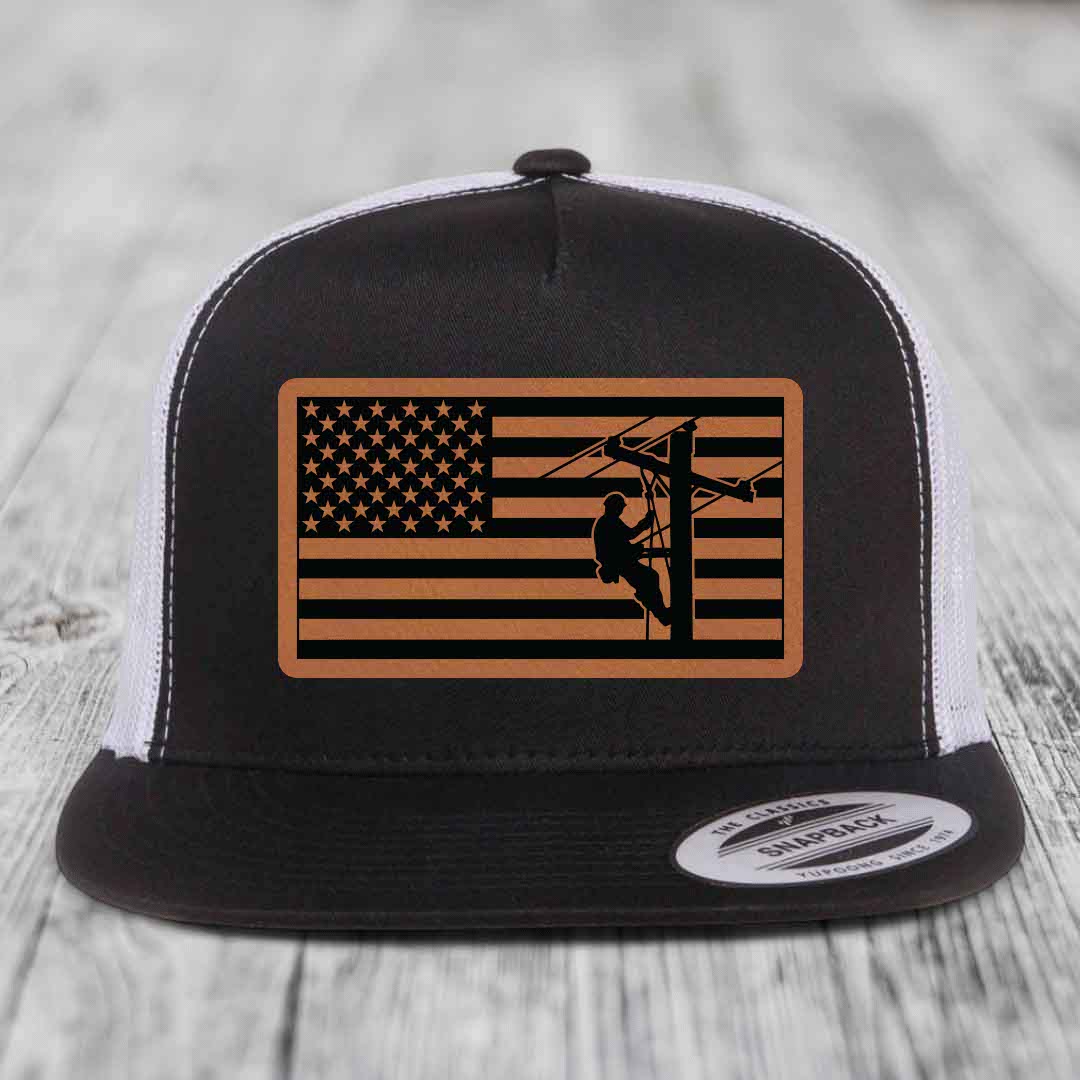 American Flag Lineman - Leather Patch Hat - Rawhide to Black Patch - Yupoong 6006 Snapback Flatbill Hat