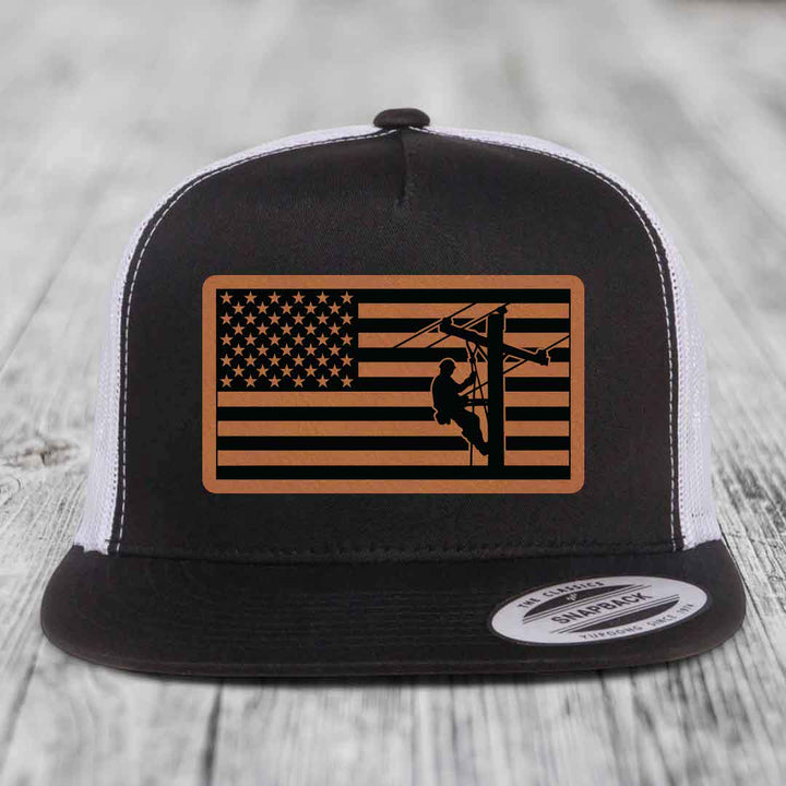 American Flag Lineman - Leather Patch Hat - Rawhide to Black Patch - Yupoong 6006 Snapback Flatbill Hat