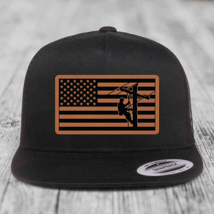 American Flag Lineman - Leather Patch Hat - Rawhide to Black Patch - Yupoong 6006 Snapback Flatbill Hat