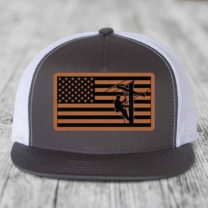 American Flag Lineman - Leather Patch Hat - Rawhide to Black Patch - Yupoong 6006 Snapback Flatbill Hat
