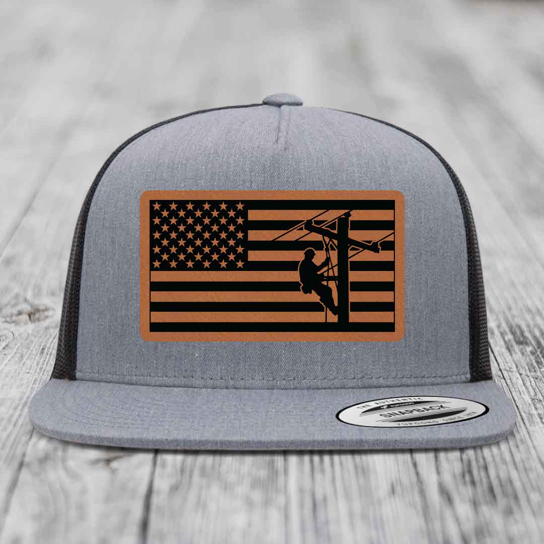 American Flag Lineman - Leather Patch Hat - Rawhide to Black Patch - Yupoong 6006 Snapback Flatbill Hat