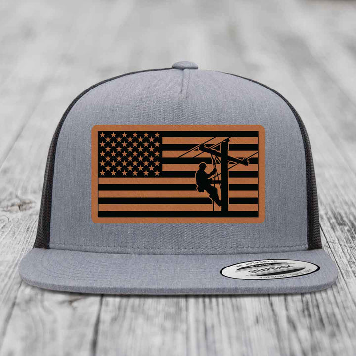 American Flag Lineman - Leather Patch Hat - Rawhide to Black Patch - Yupoong 6006 Snapback Flatbill Hat