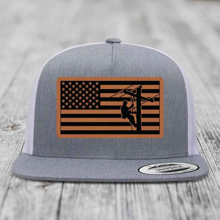 American Flag Lineman - Leather Patch Hat - Rawhide to Black Patch - Yupoong 6006 Snapback Flatbill Hat