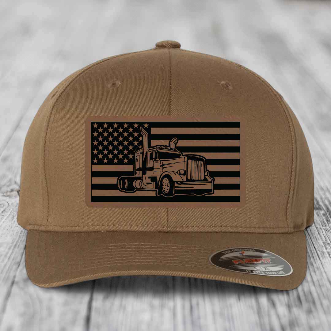 American Flag Peterbilt Truck - Leather Patch Hat - Dark Brown to Black Patch - Flexfit 6277 Fitted Hat