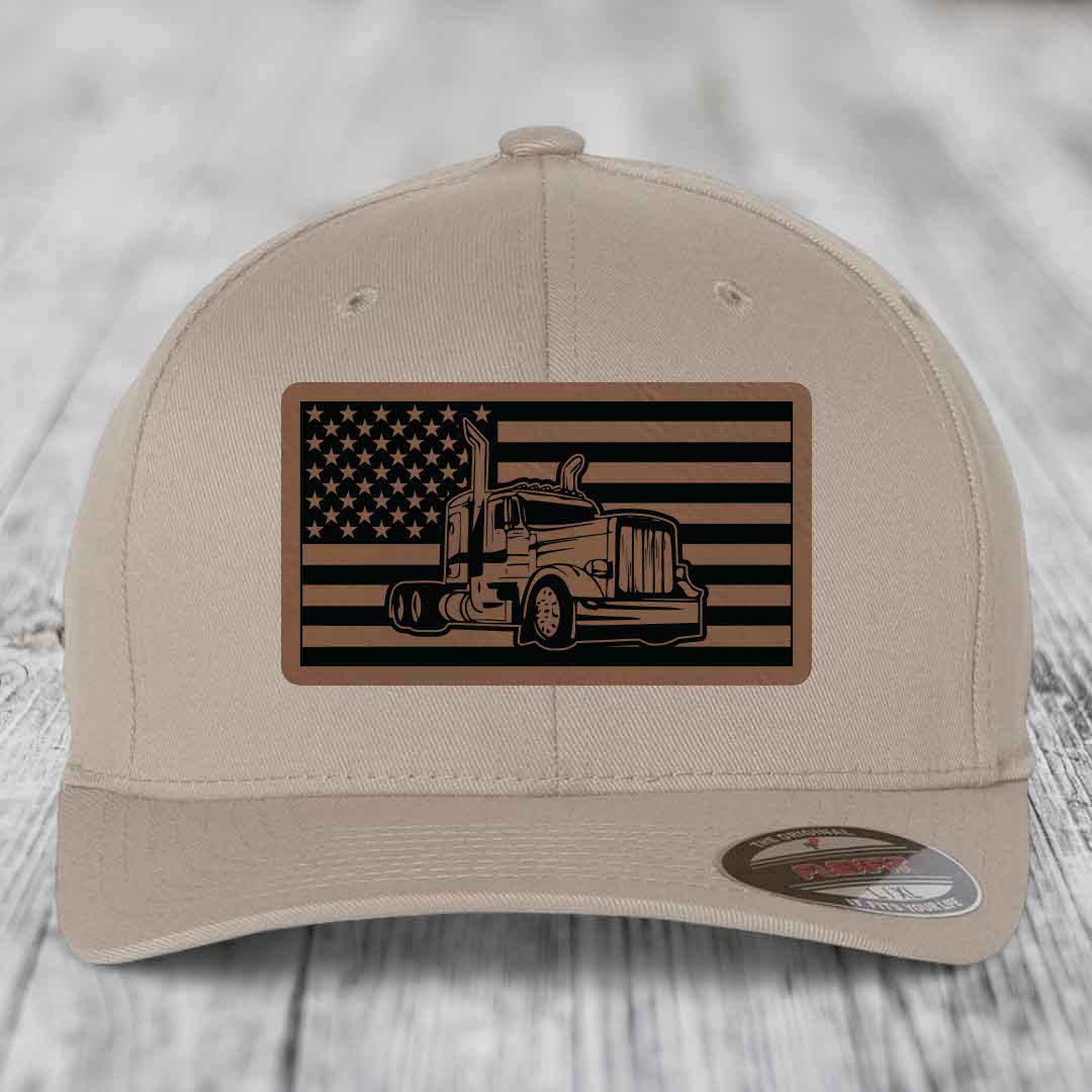 American Flag Peterbilt Truck - Leather Patch Hat - Dark Brown to Black Patch - Flexfit 6277 Fitted Hat