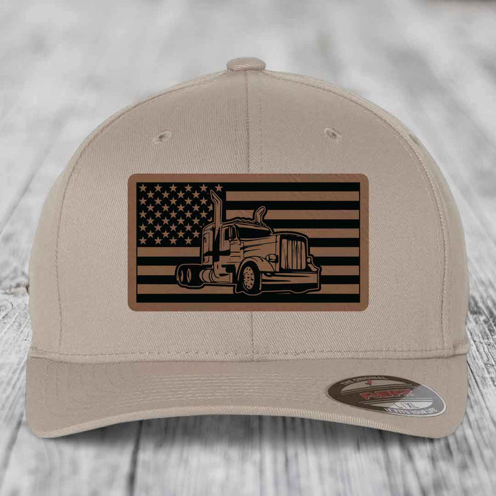 American Flag Peterbilt Truck - Leather Patch Hat - Dark Brown to Black Patch - Flexfit 6277 Fitted Hat